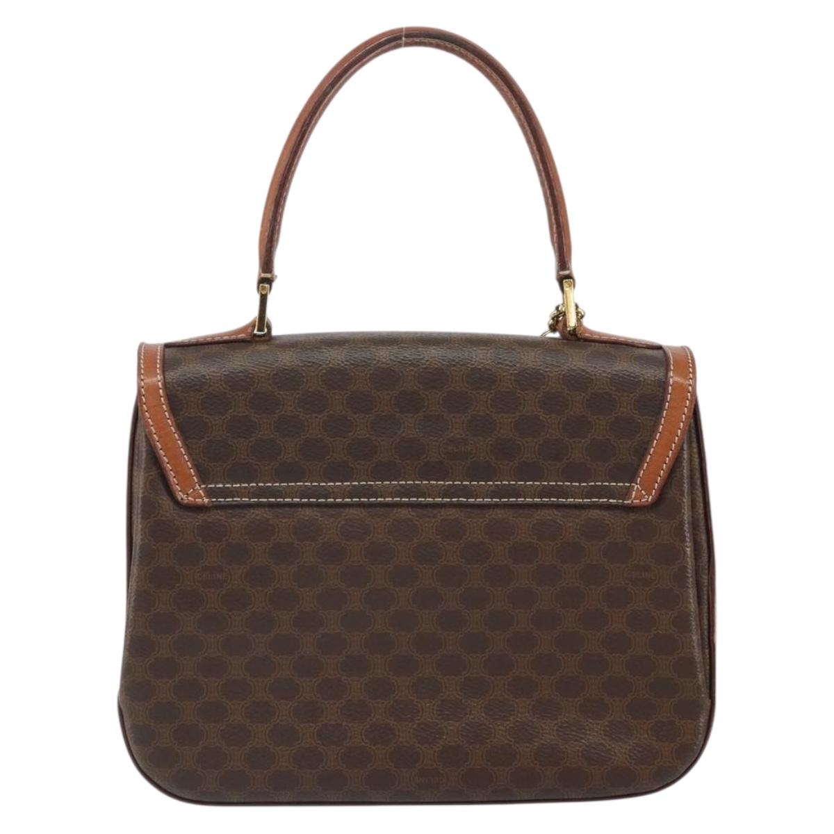 CELINE Circle Macadam Canvas Hand Bag PVC Leather Brown Gold Auth 159882
