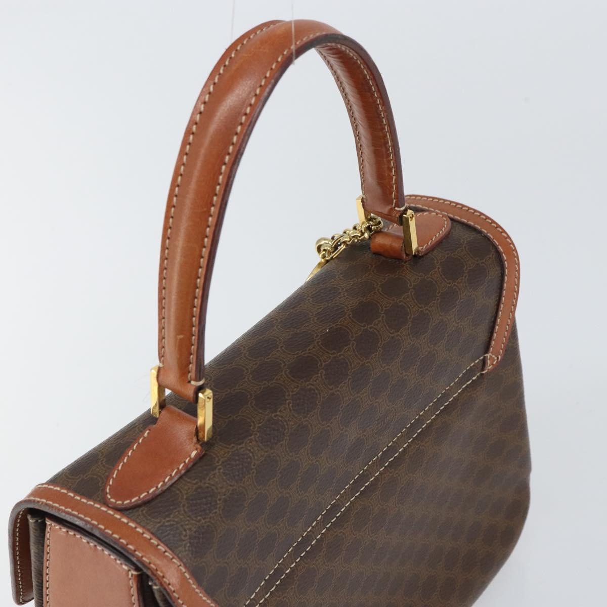 CELINE Circle Macadam Canvas Hand Bag PVC Leather Brown Gold Auth 159882