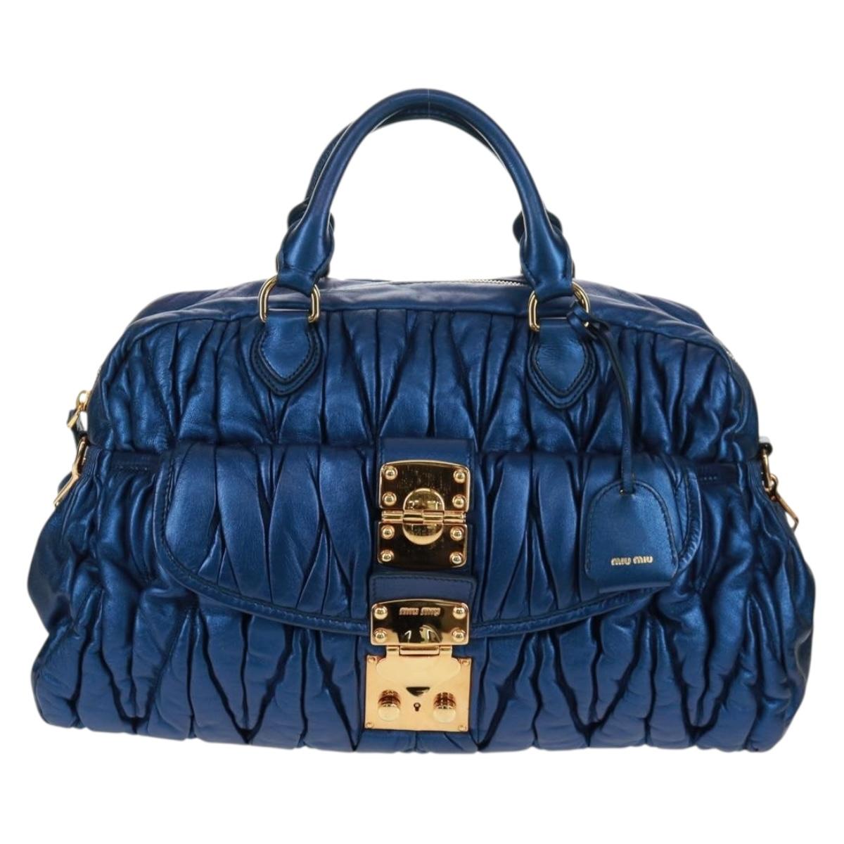 Miu Miu Matelasse Hand Bag Leather 2way Blue Gold Auth 159908SAV