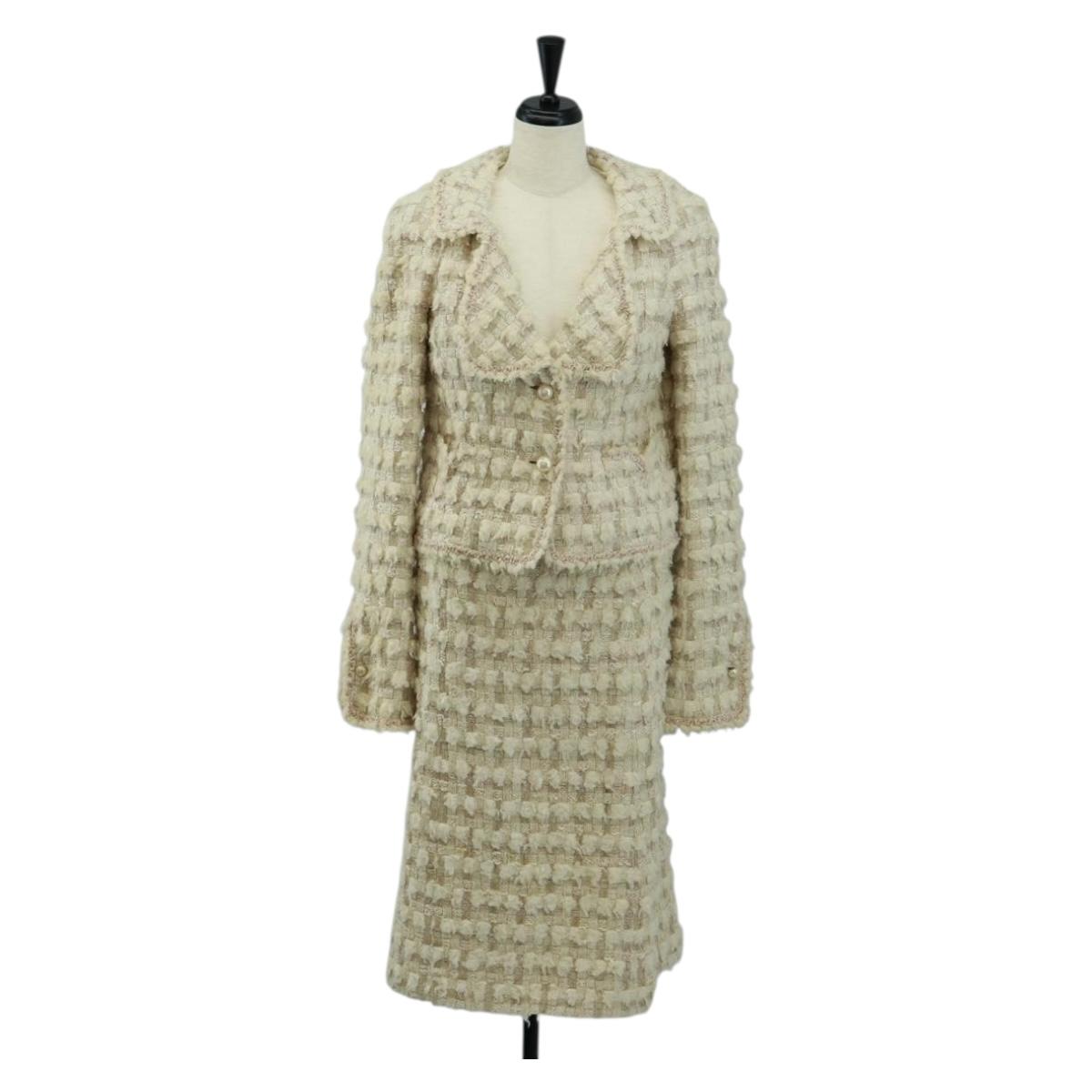 CHANEL Jacket Skirt Setup Tweed White CC Auth 159923V