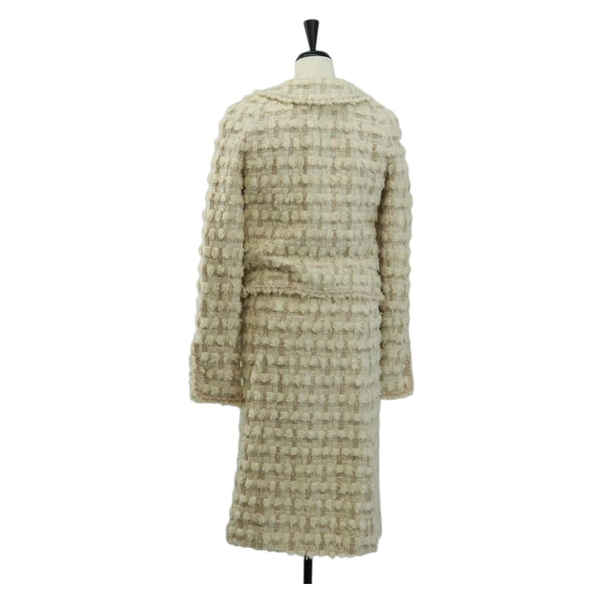 CHANEL Jacket Skirt Setup Tweed White CC Auth 159923V