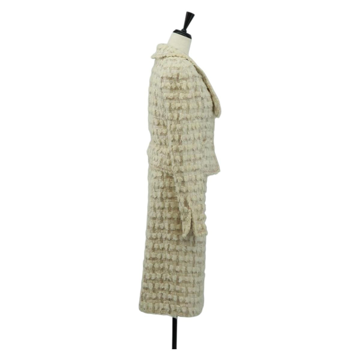 CHANEL Jacket Skirt Setup Tweed White CC Auth 159923V