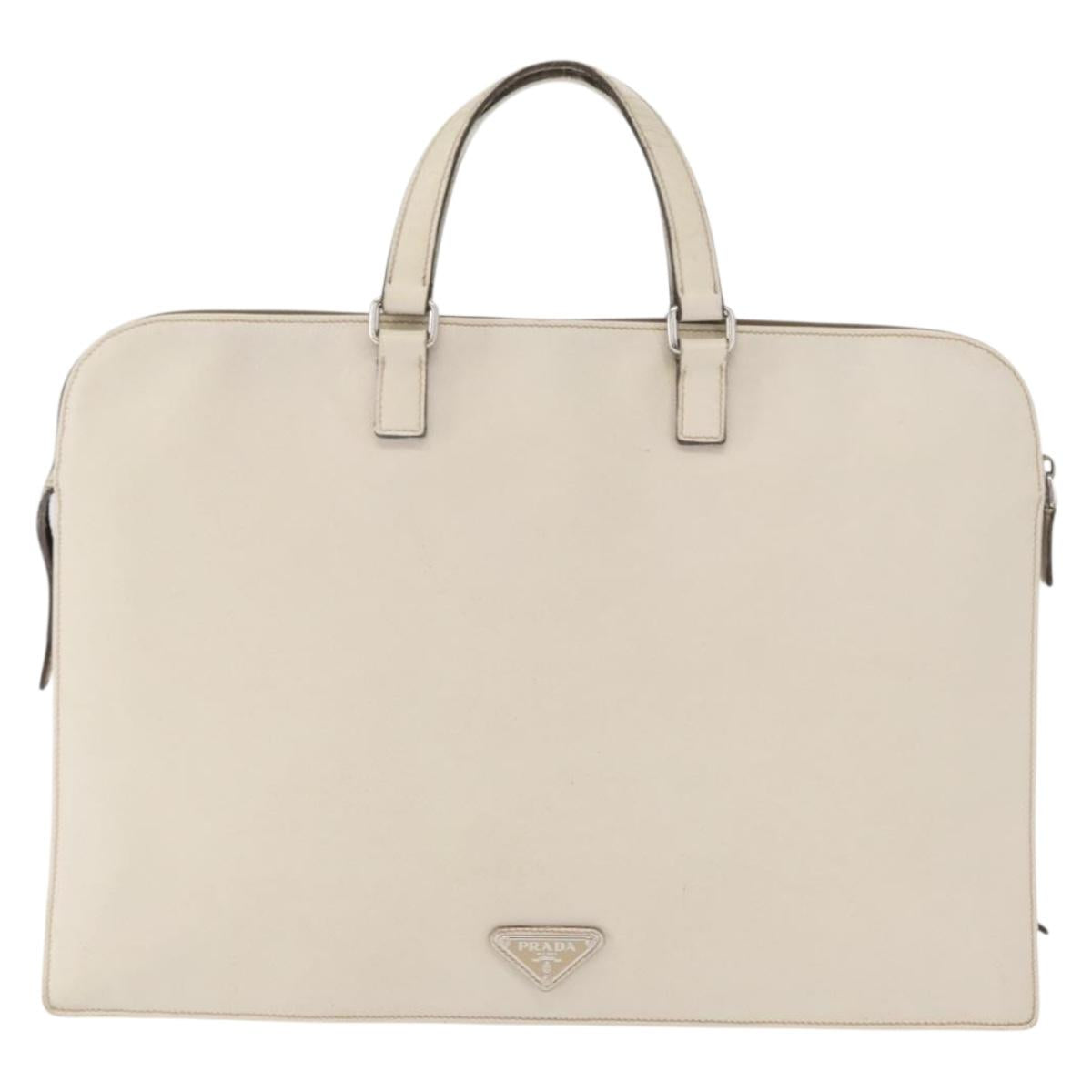 PRADA Hand Bag Safiano leather White Silver Auth 159983