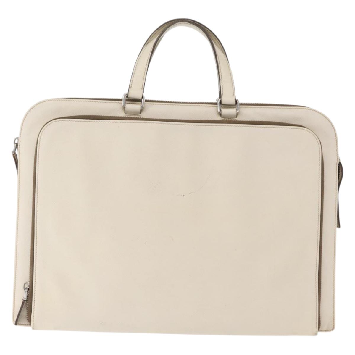PRADA Hand Bag Safiano leather White Silver Auth 159983