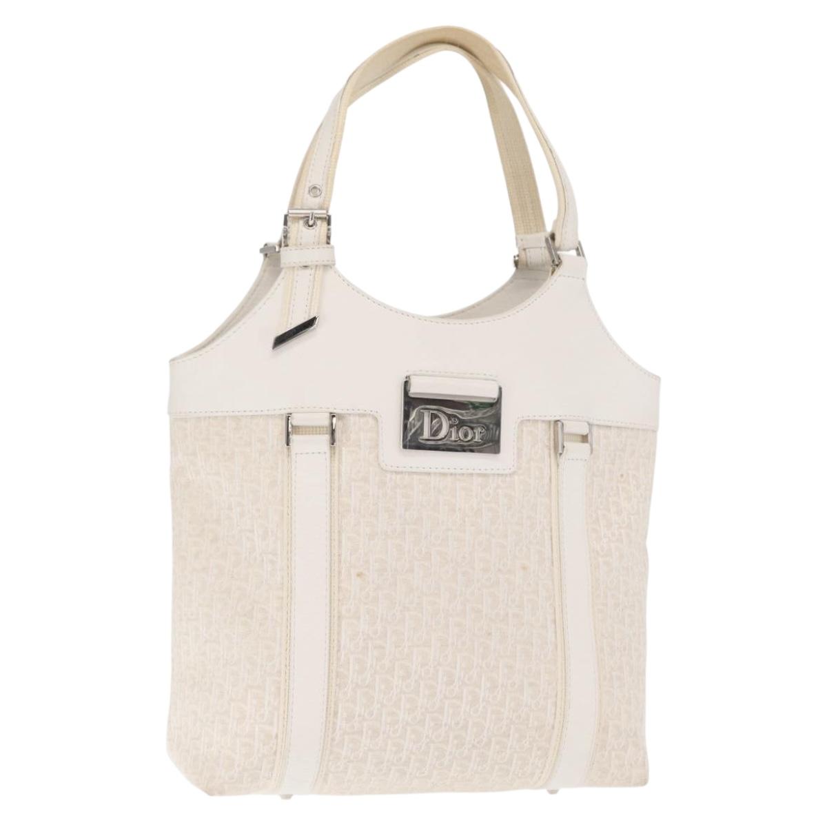 Christian Dior Trotter Canvas Tote Bag White Silver Auth 160046
