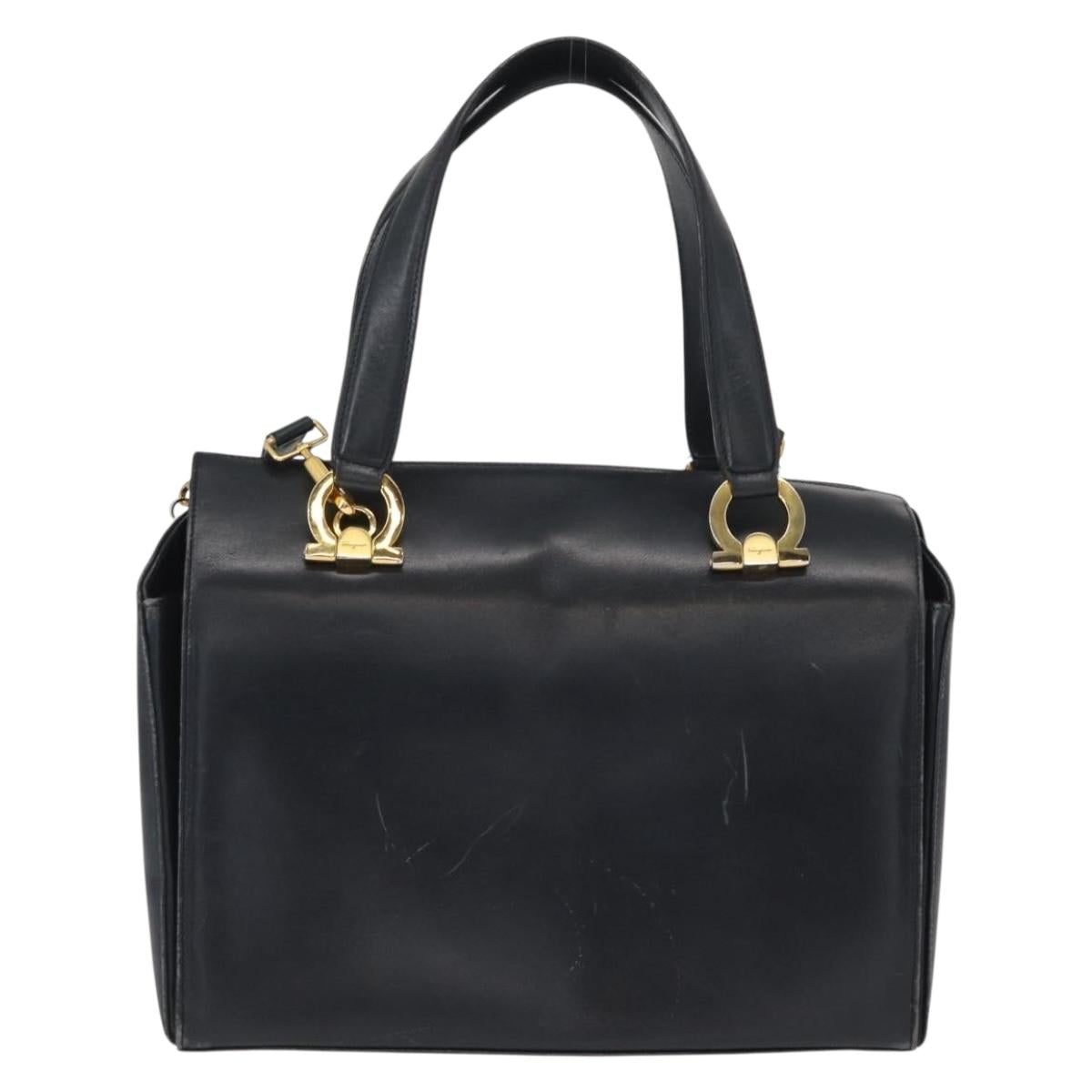 Salvatore Ferragamo Gancini Hand Bag Leather 2way Navy Gold Auth 160069