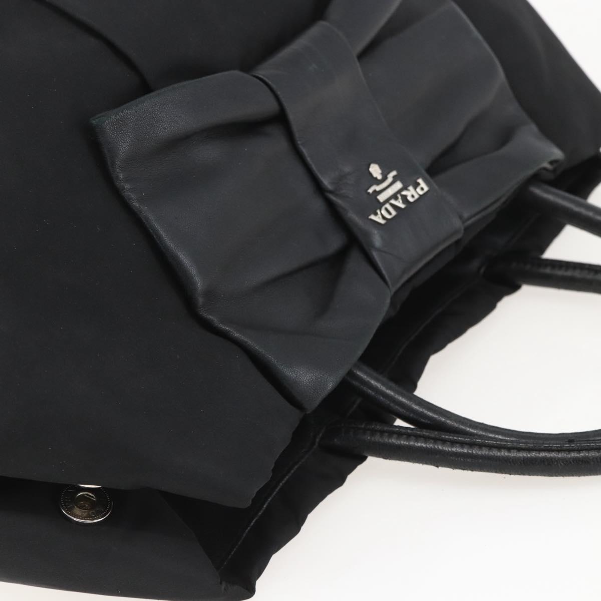 PRADA Ribbon Hand Bag Nylon Black Silver Auth 160087