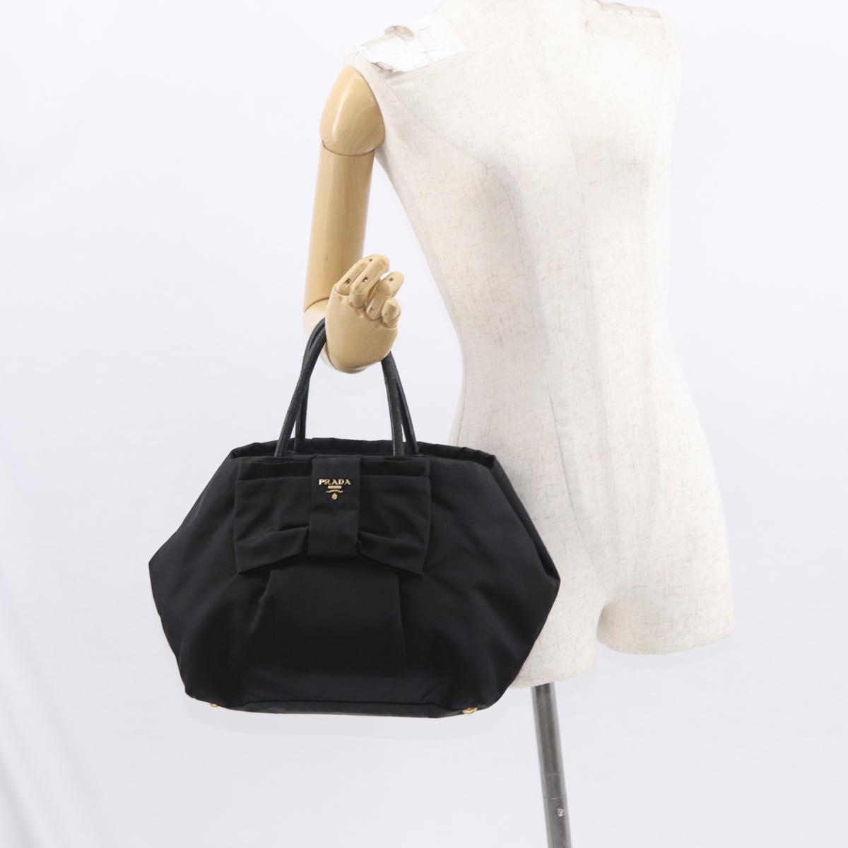 PRADA Ribbon Hand Bag Nylon Black Silver Auth 160092