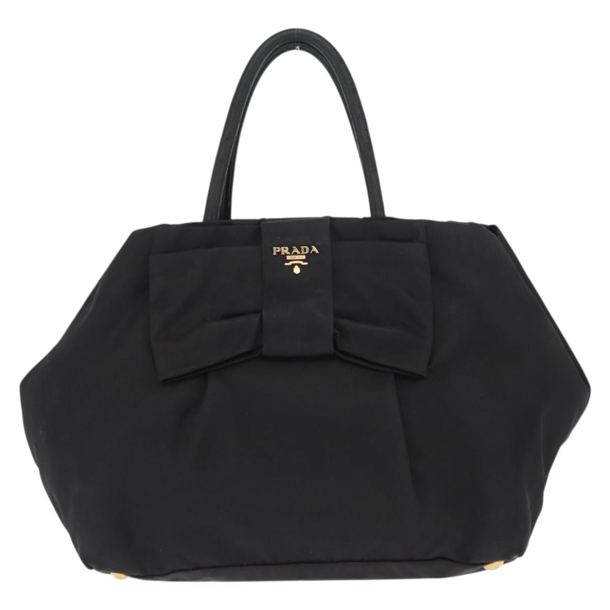 PRADA Ribbon Hand Bag Nylon Black Silver Auth 160092