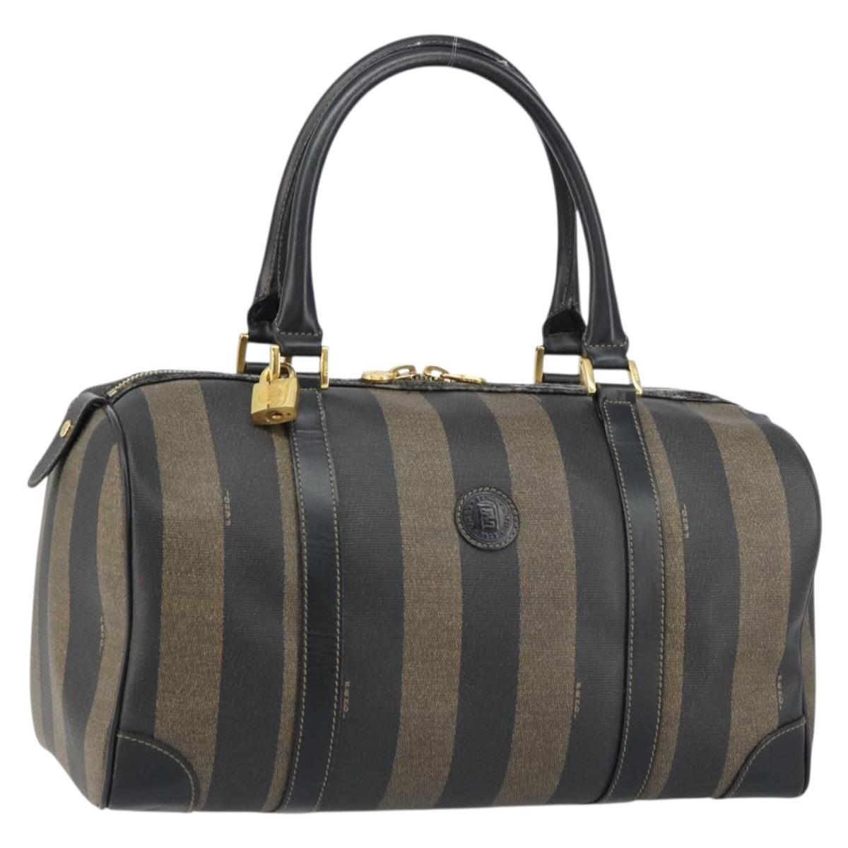 FENDI Pecan Canvas Boston Bag PVC Black Brown gold Auth 160096