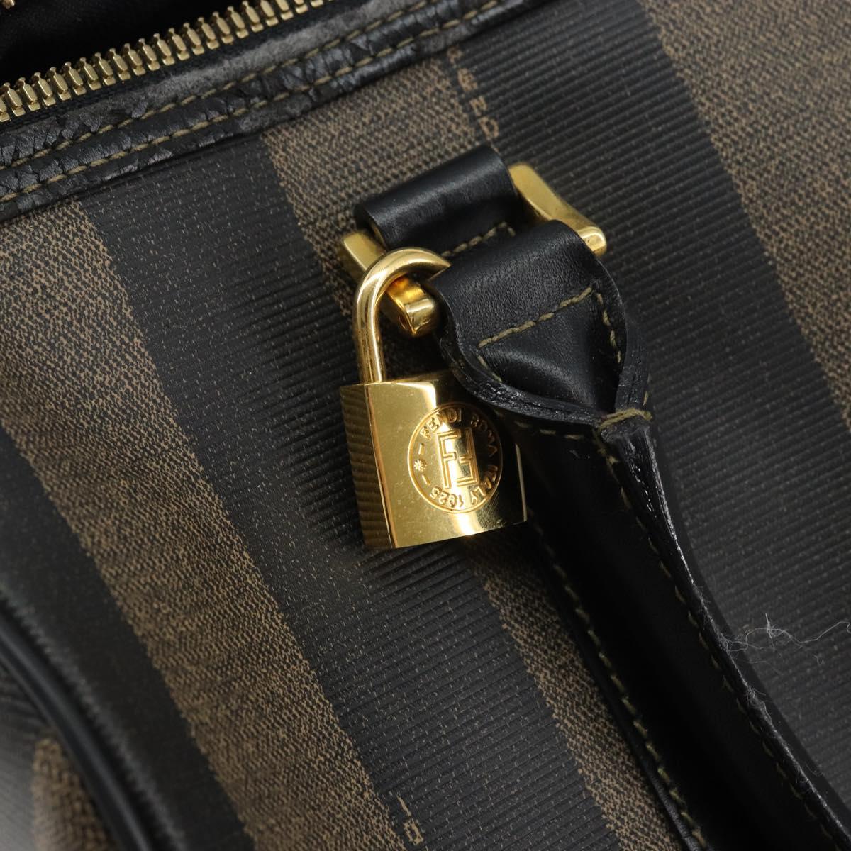 FENDI Pecan Canvas Boston Bag PVC Black Brown gold Auth 160096