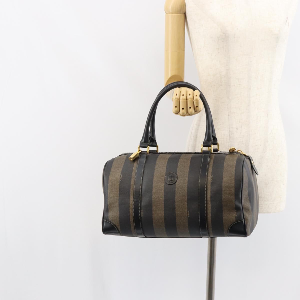 FENDI Pecan Canvas Boston Bag PVC Black Brown gold Auth 160096