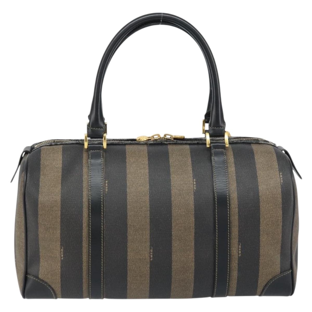 FENDI Pecan Canvas Boston Bag PVC Black Brown gold Auth 160096