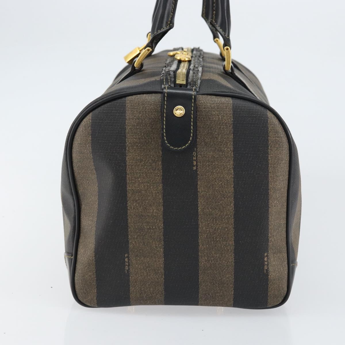 FENDI Pecan Canvas Boston Bag PVC Black Brown gold Auth 160096
