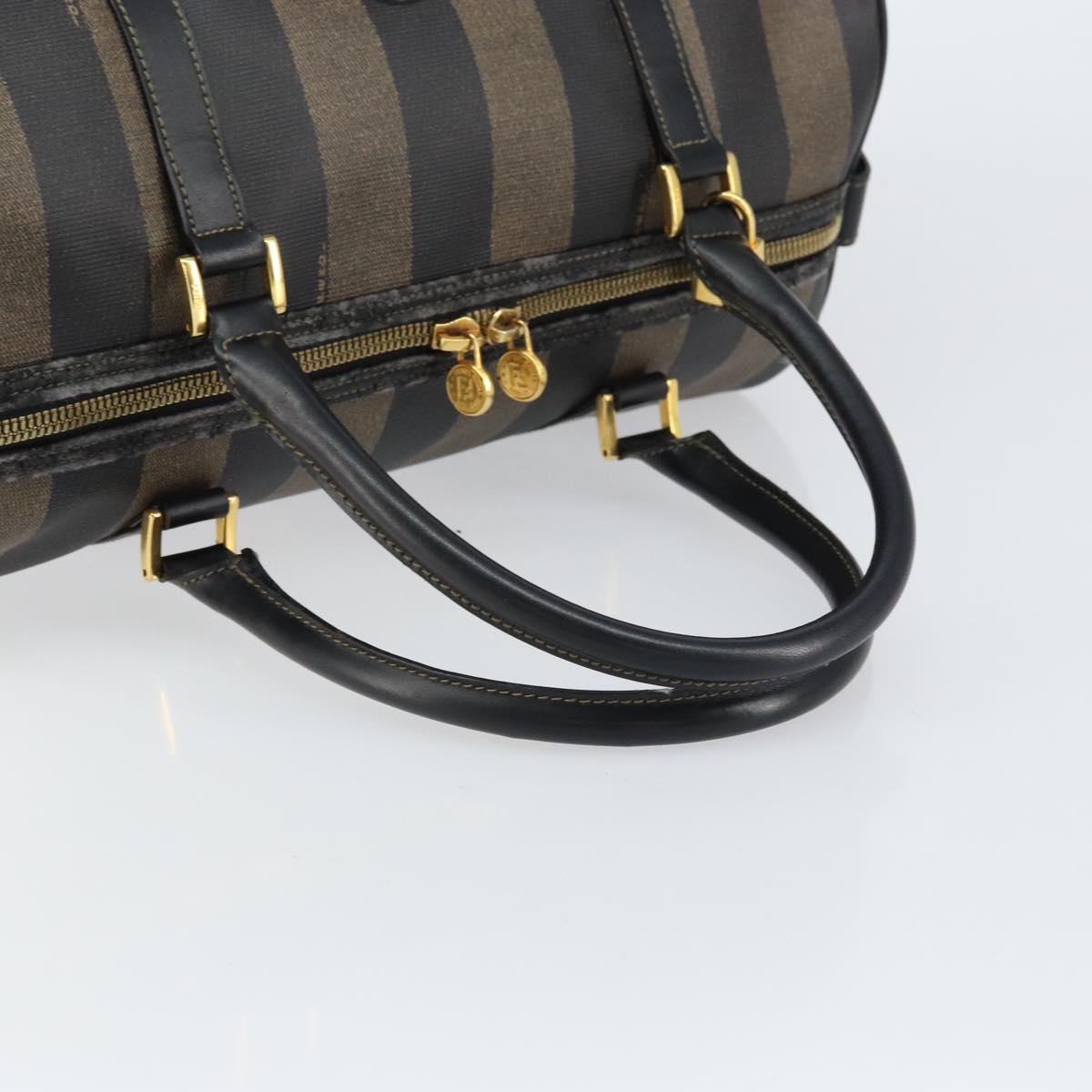 FENDI Pecan Canvas Boston Bag PVC Black Brown gold Auth 160096