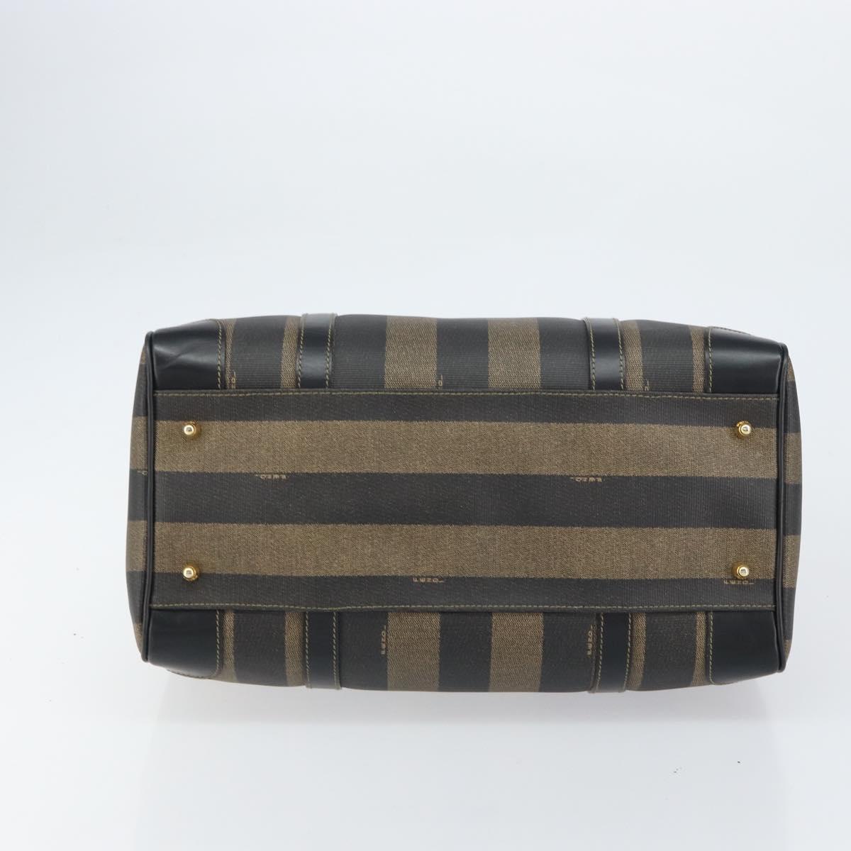FENDI Pecan Canvas Boston Bag PVC Black Brown gold Auth 160096