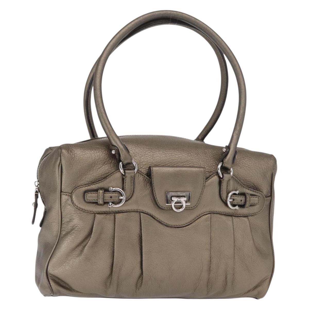 Salvatore Ferragamo Gancini Hand Bag Leather Gold Silver Auth 160099