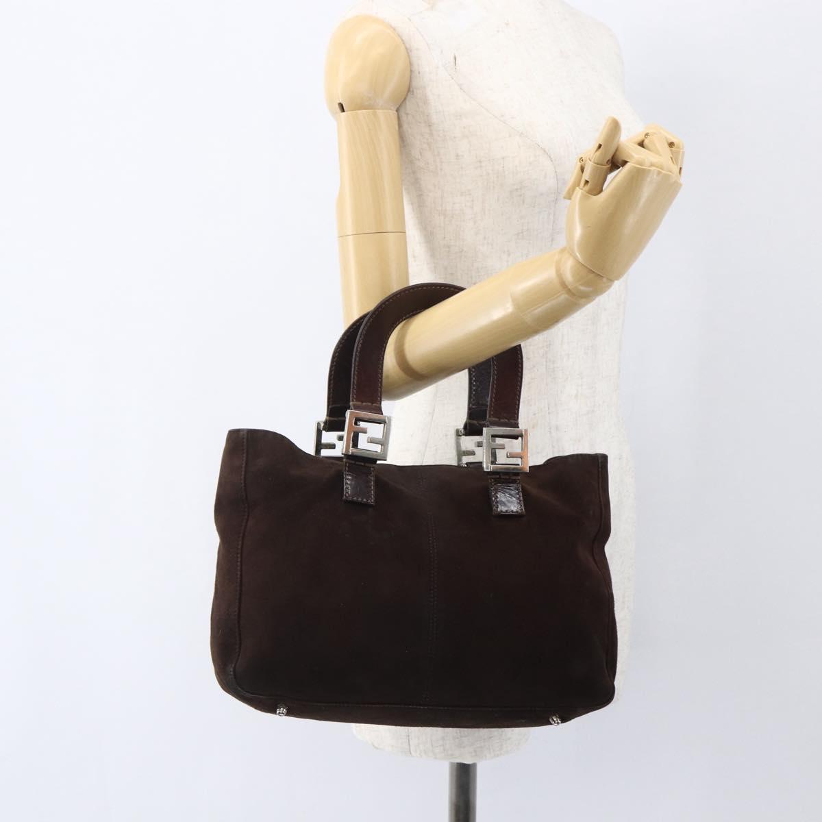 FENDI Hand Bag Suede Brown Silver Auth 160122