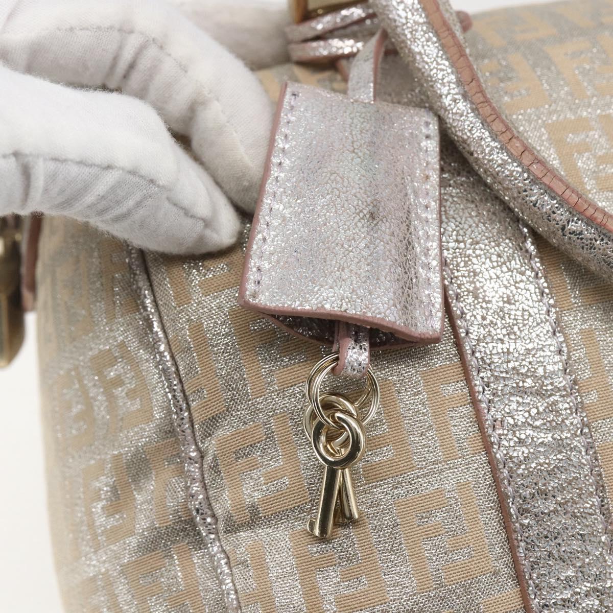 FENDI Zucchino Canvas Hand Bag Silver Auth 160139
