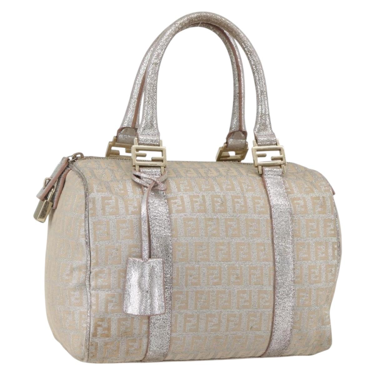 FENDI Zucchino Canvas Hand Bag Silver Auth 160139
