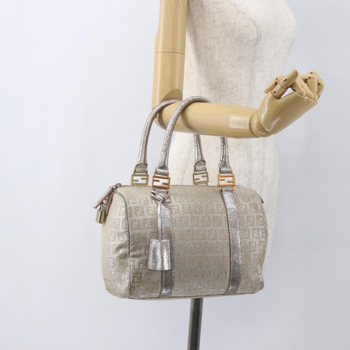 FENDI Zucchino Canvas Hand Bag Silver Auth 160139