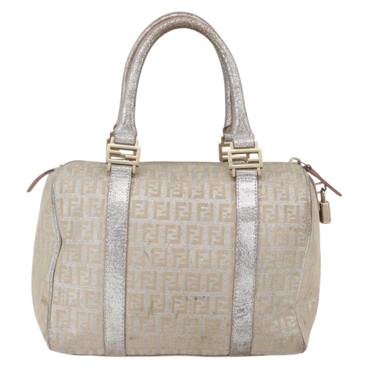 FENDI Zucchino Canvas Hand Bag Silver Auth 160139