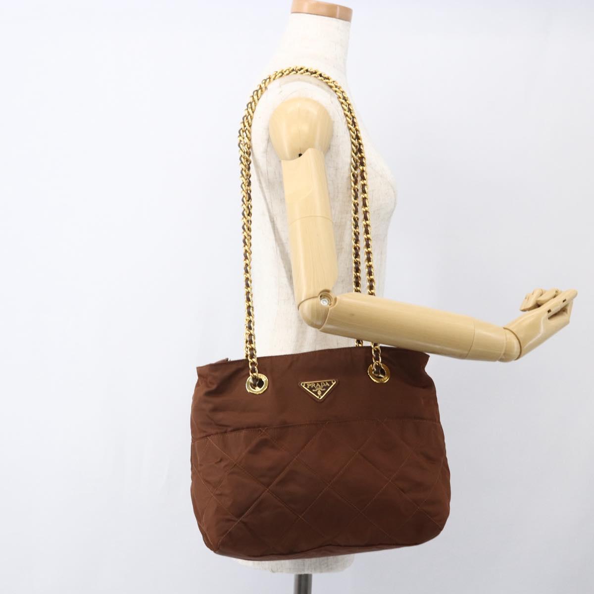 PRADA Chain Quilted Shoulder Bag Nylon Brown Gold Auth 160140