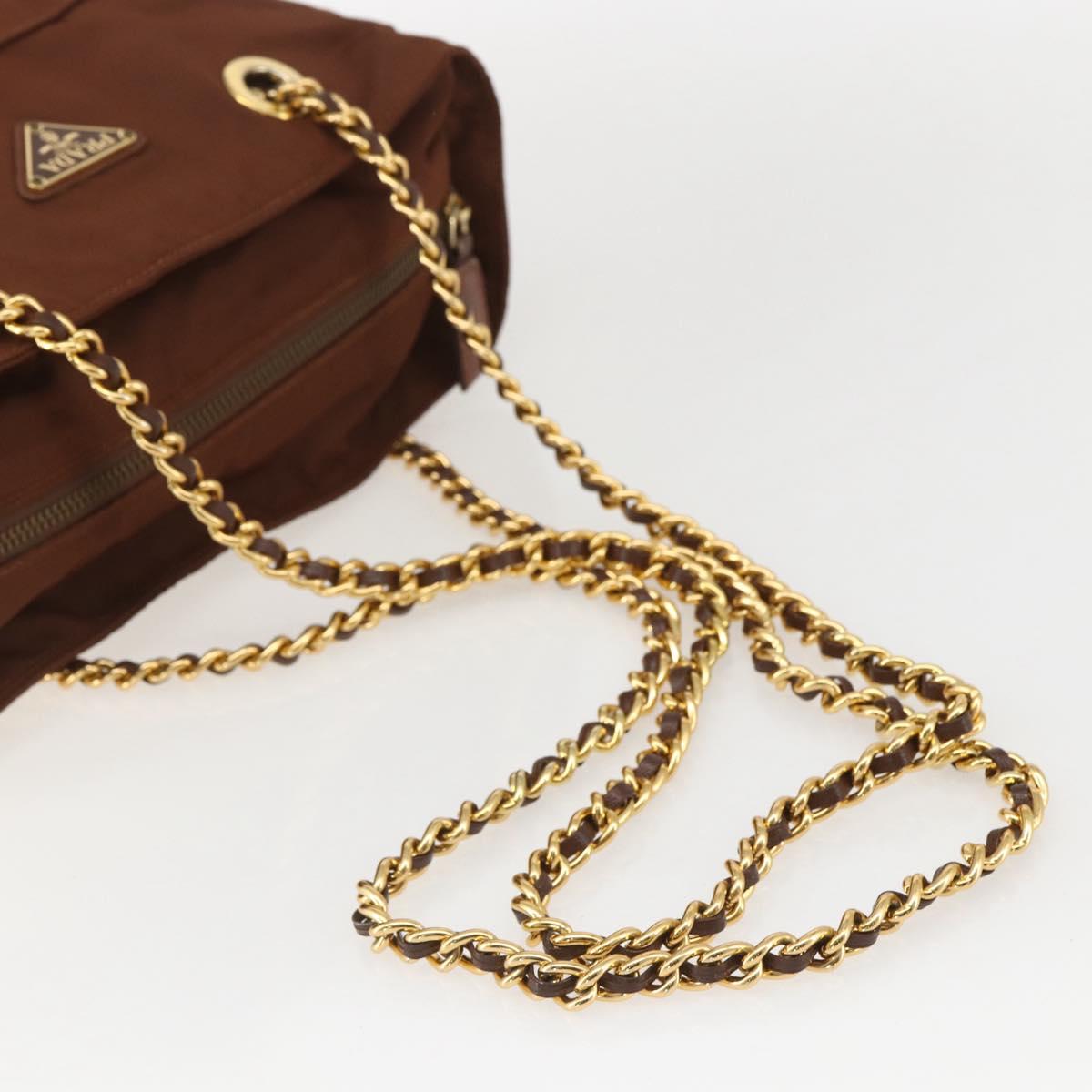 PRADA Chain Quilted Shoulder Bag Nylon Brown Gold Auth 160140