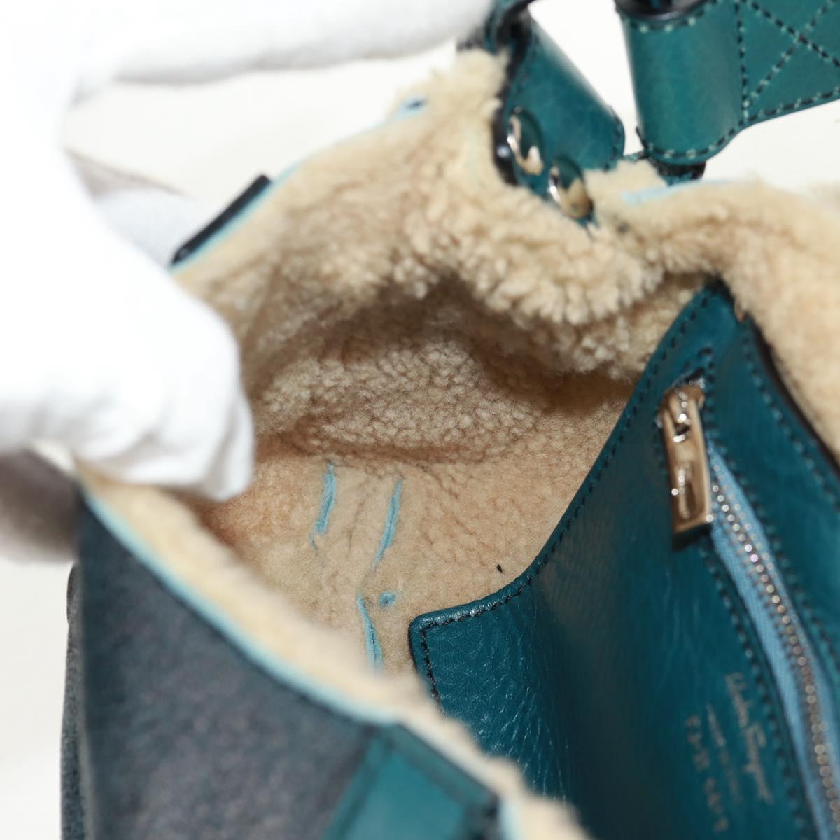 Salvatore Ferragamo Gancini Shoulder Bag Mouton Blue Green Silver Auth 160179V