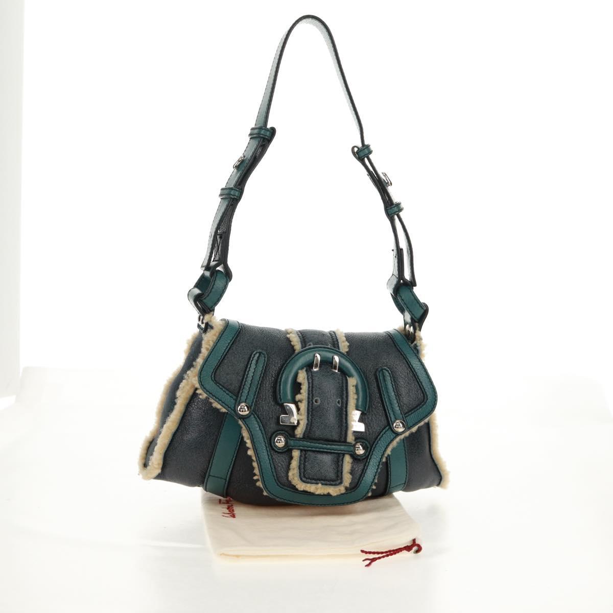 Salvatore Ferragamo Gancini Shoulder Bag Mouton Blue Green Silver Auth 160179V