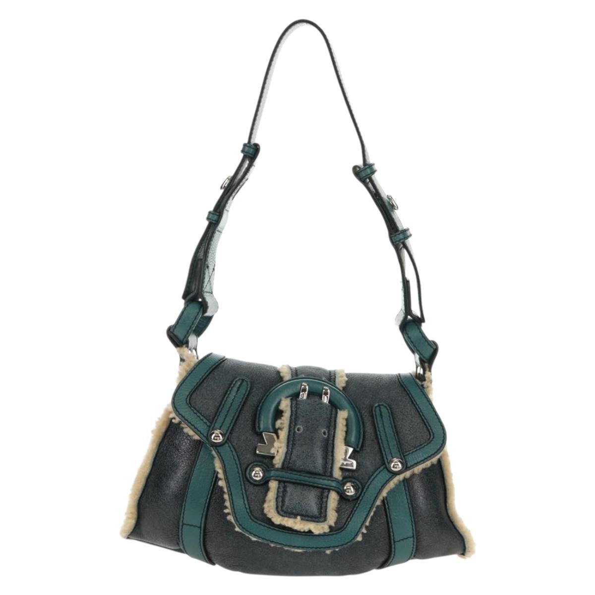 Salvatore Ferragamo Gancini Shoulder Bag Mouton Blue Green Silver Auth 160179V