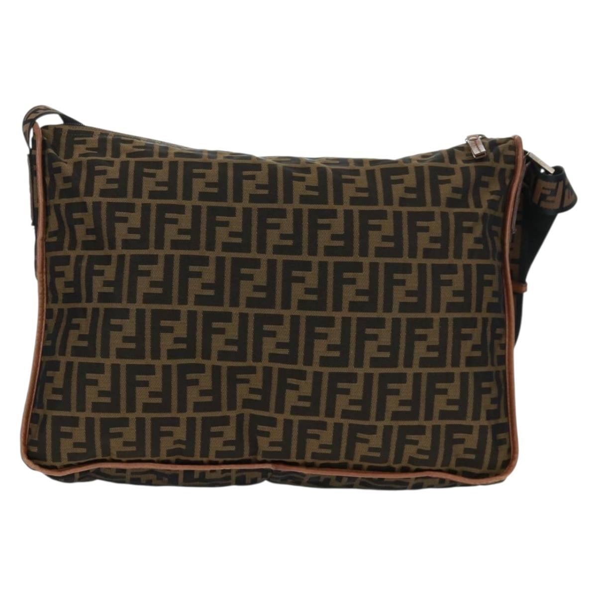 FENDI Zucca Canvas Shoulder Bag Brown Black Auth 160218