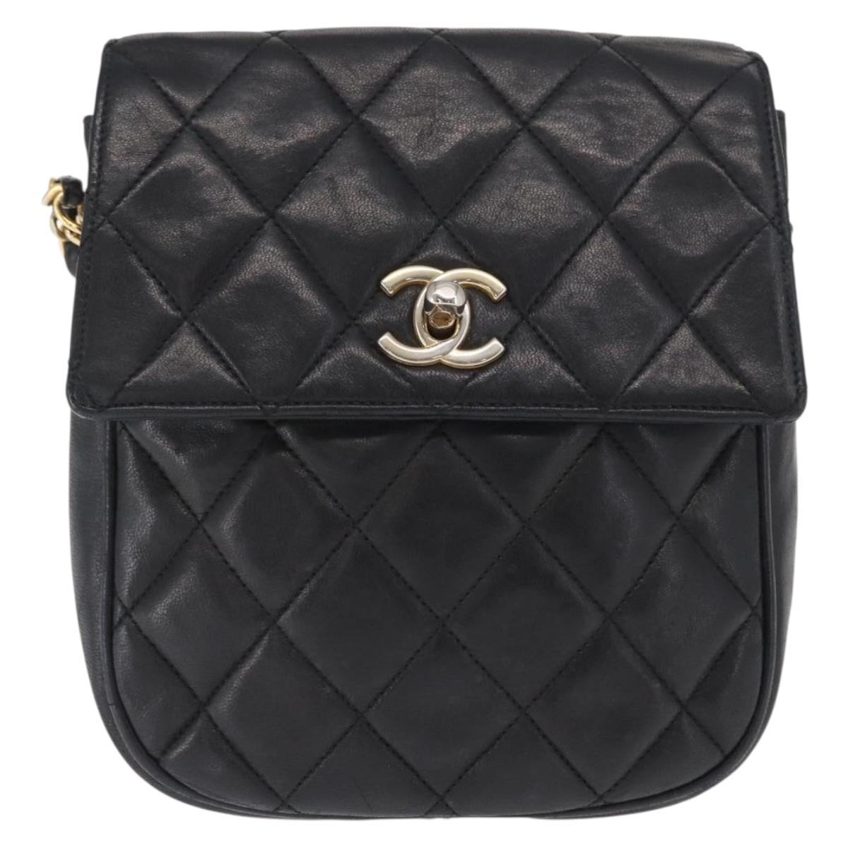 CHANEL Matelasse Chain Bag Lamb Skin Black gold CC Auth 160245