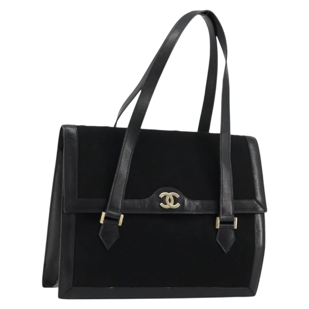 CHANEL Matelasse Hand Bag Cotton Leather Black Gold CC Auth 160252