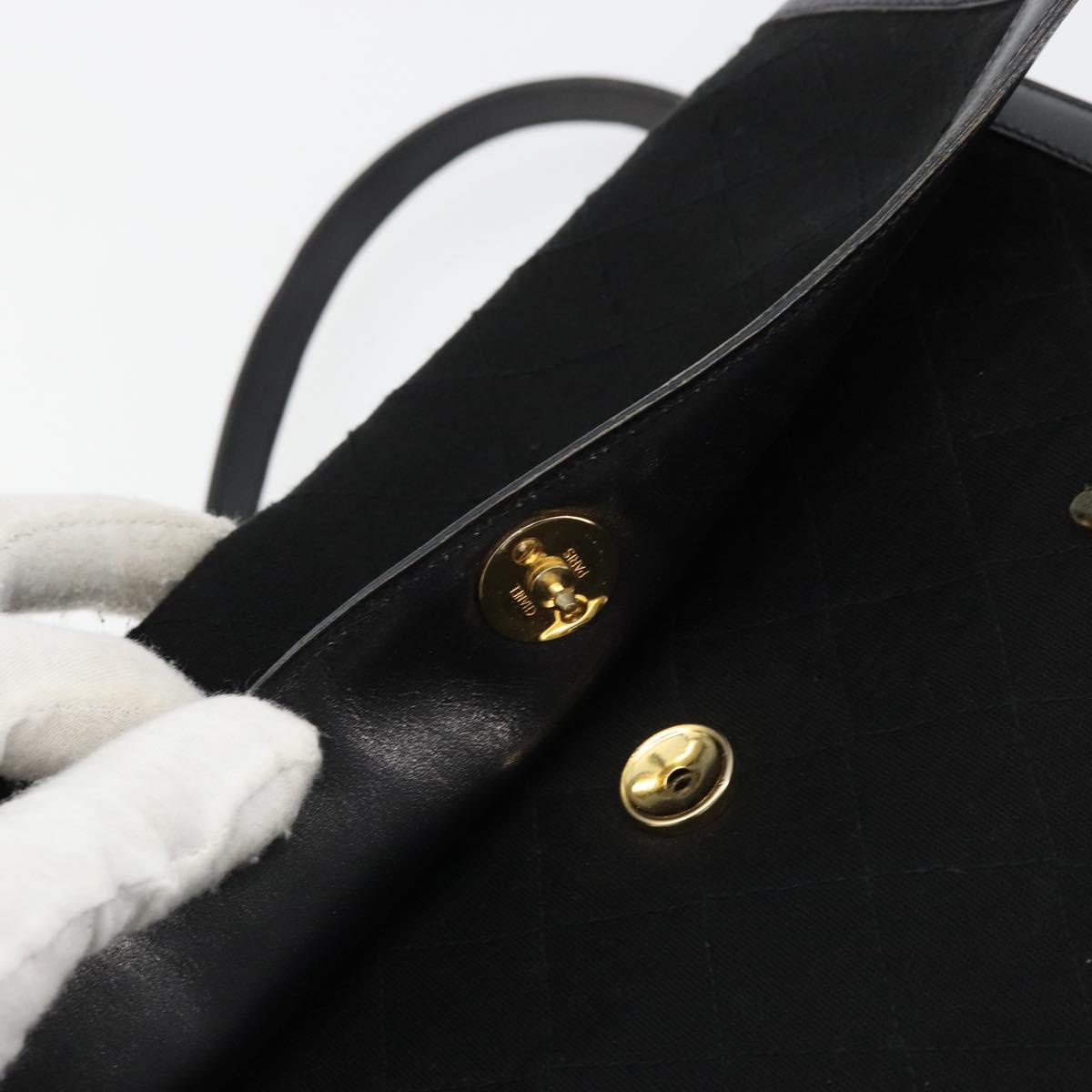 CHANEL Matelasse Hand Bag Cotton Leather Black Gold CC Auth 160252