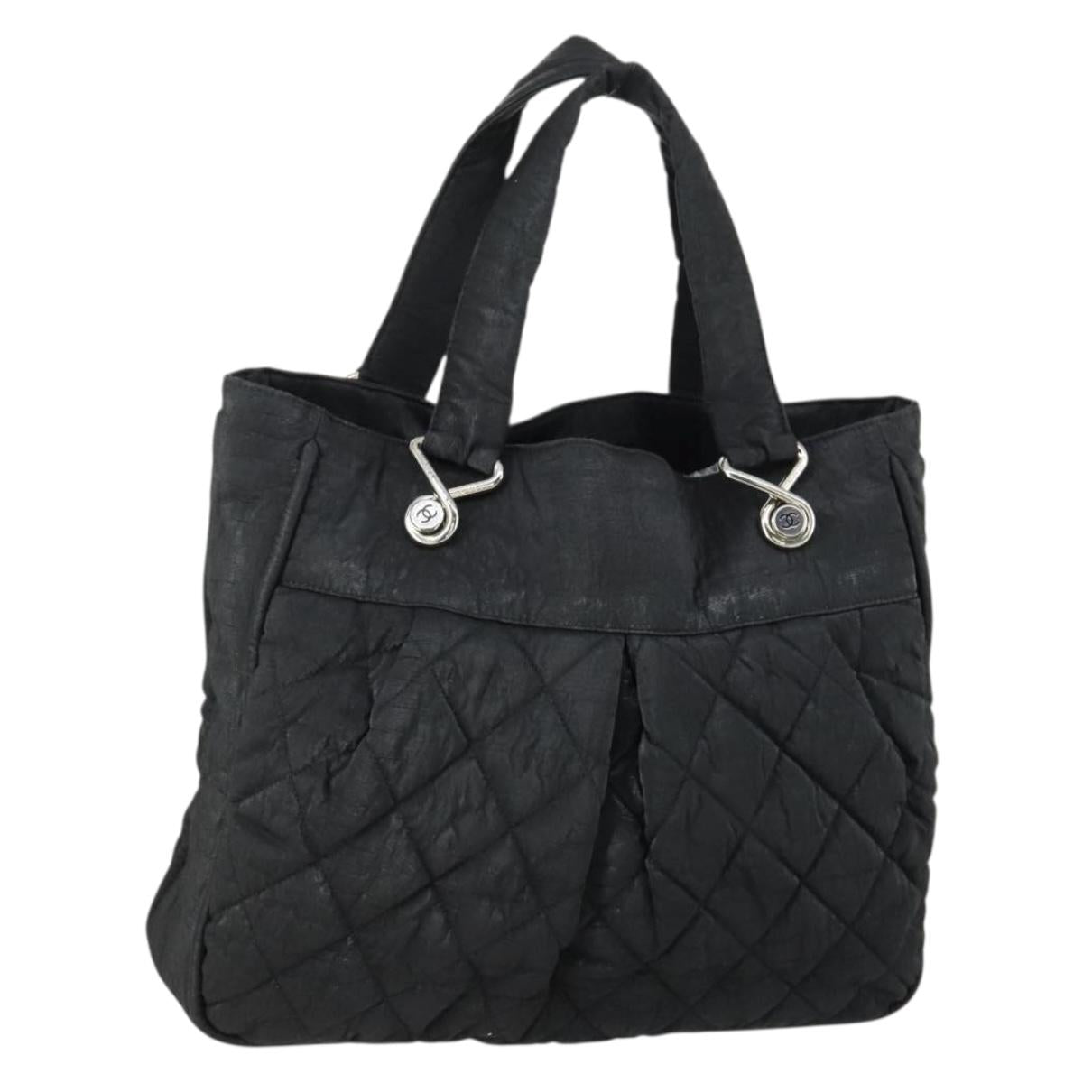 CHANEL Matelasse Tote Bag Coated Canvas Black Silver CC Auth 160260