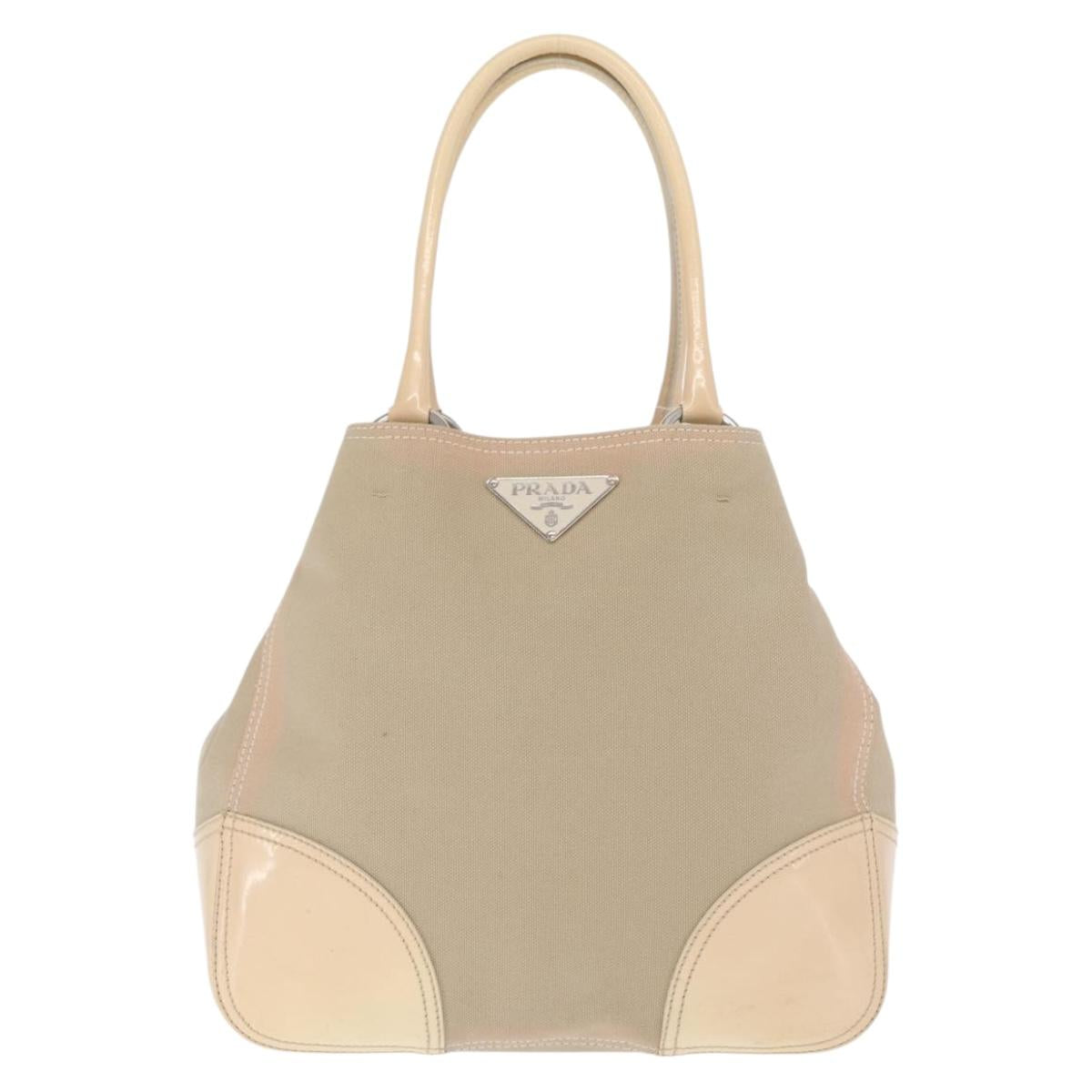 PRADA Tote Bag Canvas Leather Beige Silver Auth 160268