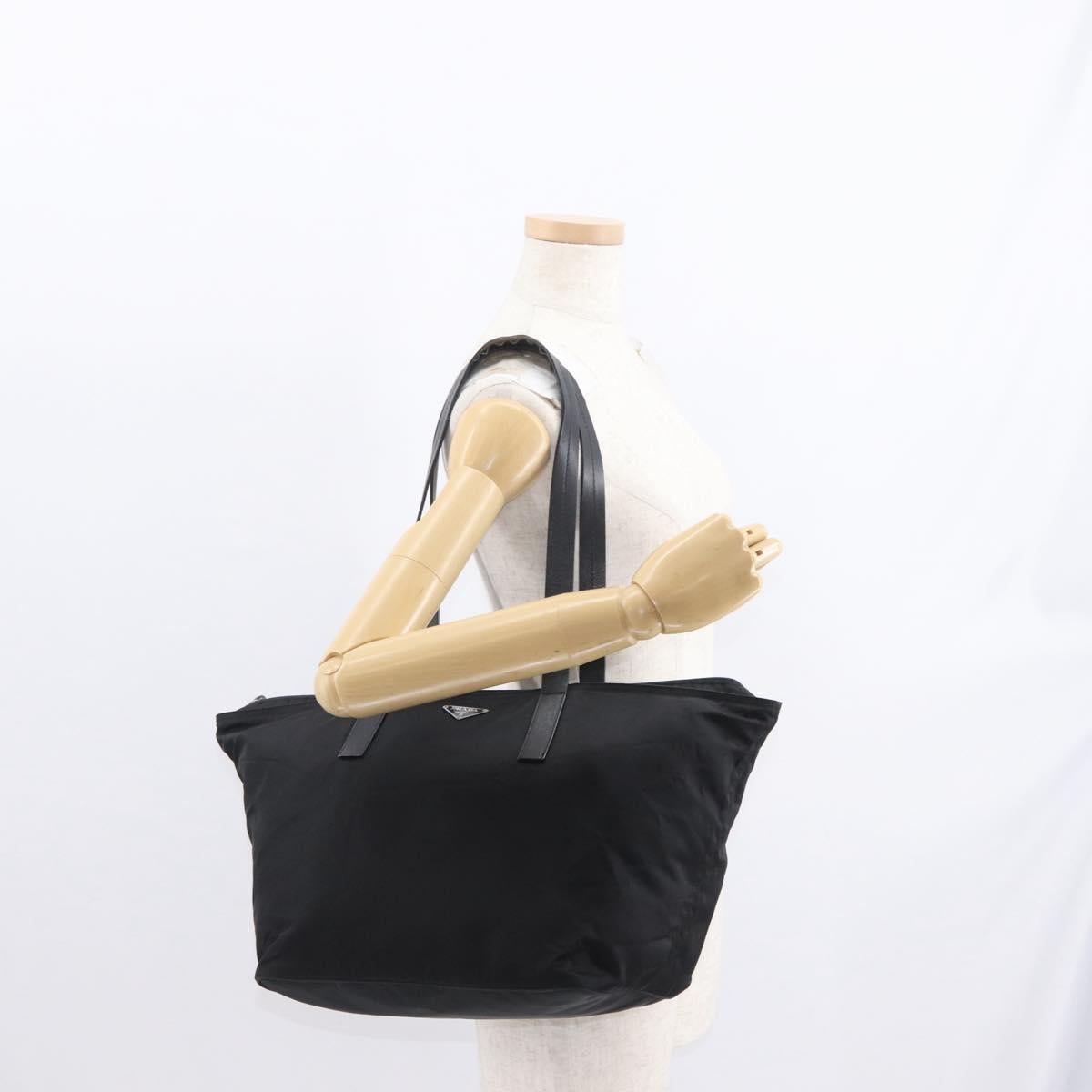 PRADA Tote Bag Nylon Black Silver Auth 160272