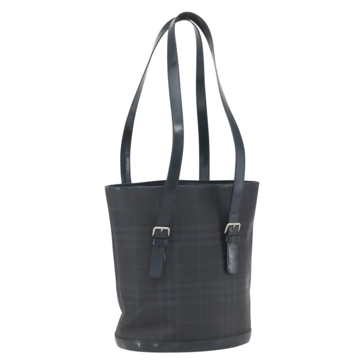 BURBERRY Nova Check Tote Bag PVC Navy Silver Auth 160290