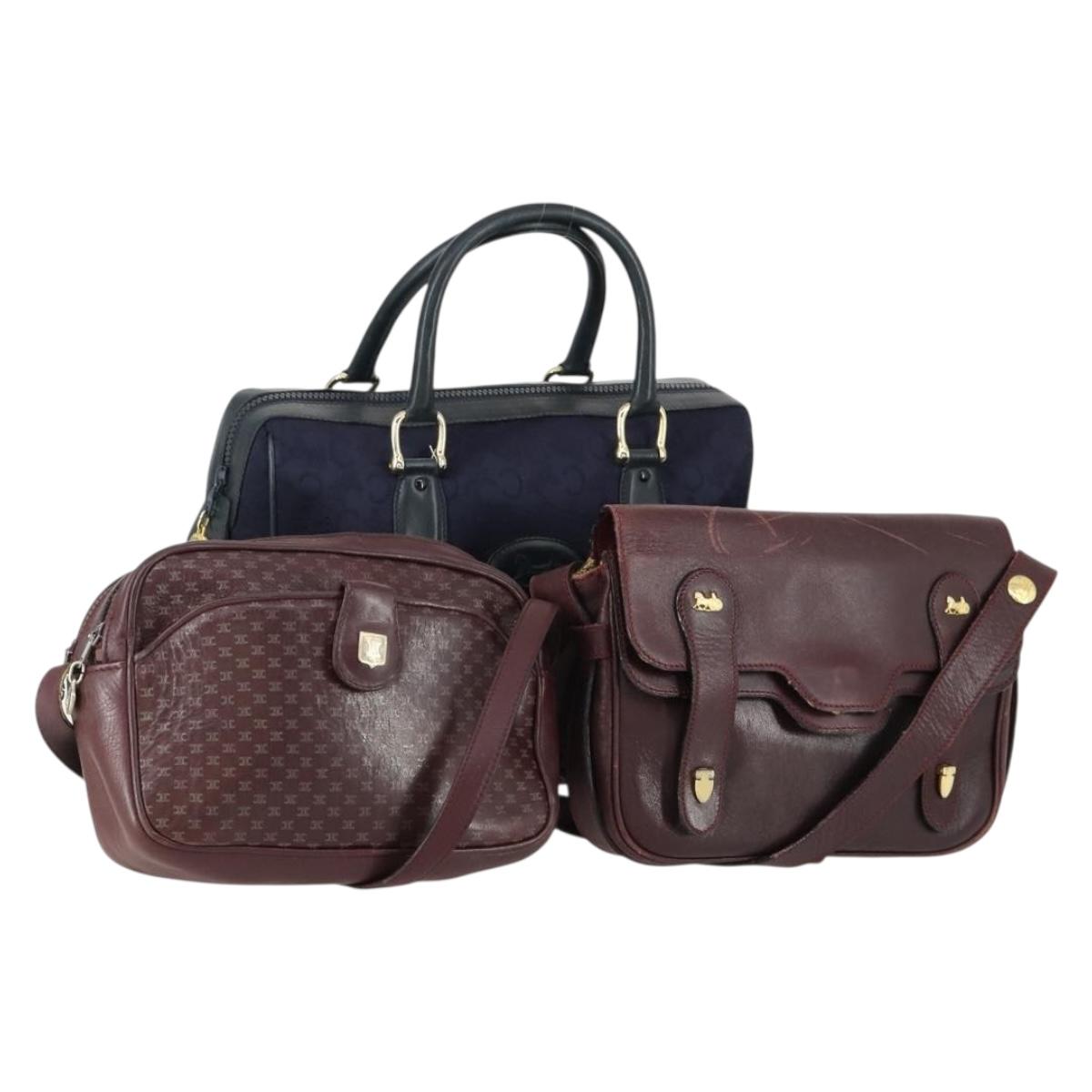 CELINE Macadam Canvas Shoulder Bag Leather 3 Set Red Navy Auth 160319