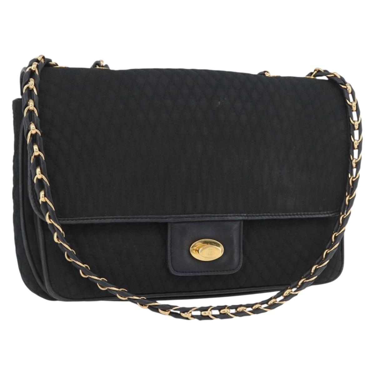BALLY Quilted Chain Shoulder Bag Nylon Black Gold Auth 160374