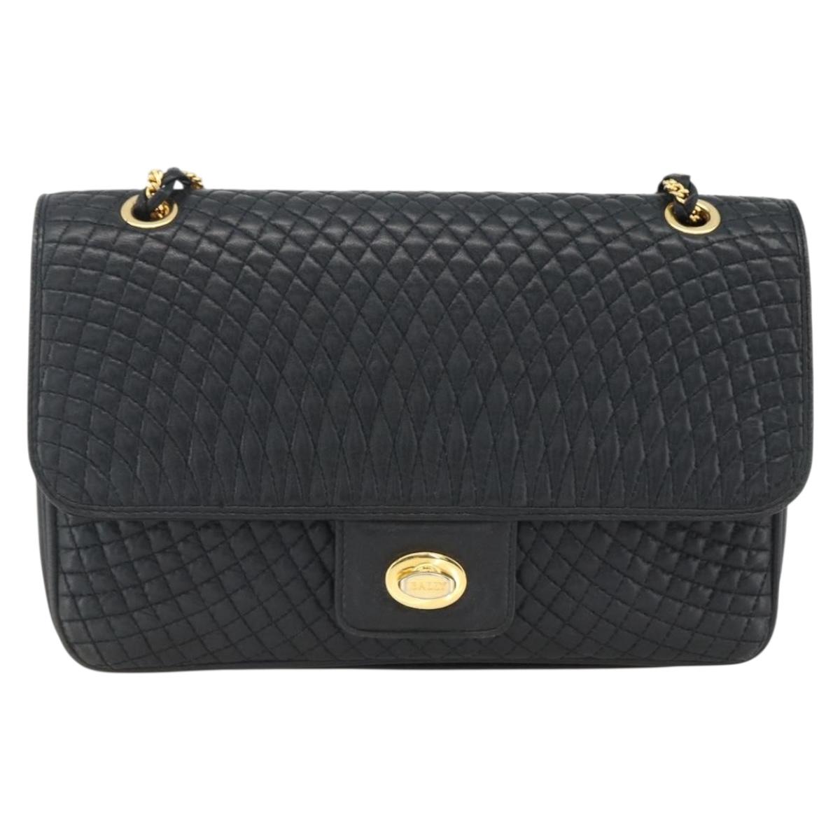 BALLY Quilted Chain Shoulder Bag Leather Navy Gold Auth 160414