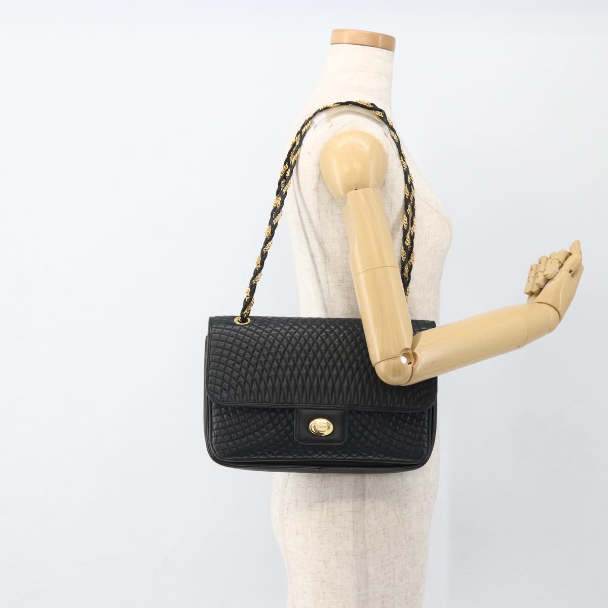 BALLY Quilted Chain Shoulder Bag Leather Navy Gold Auth 160414