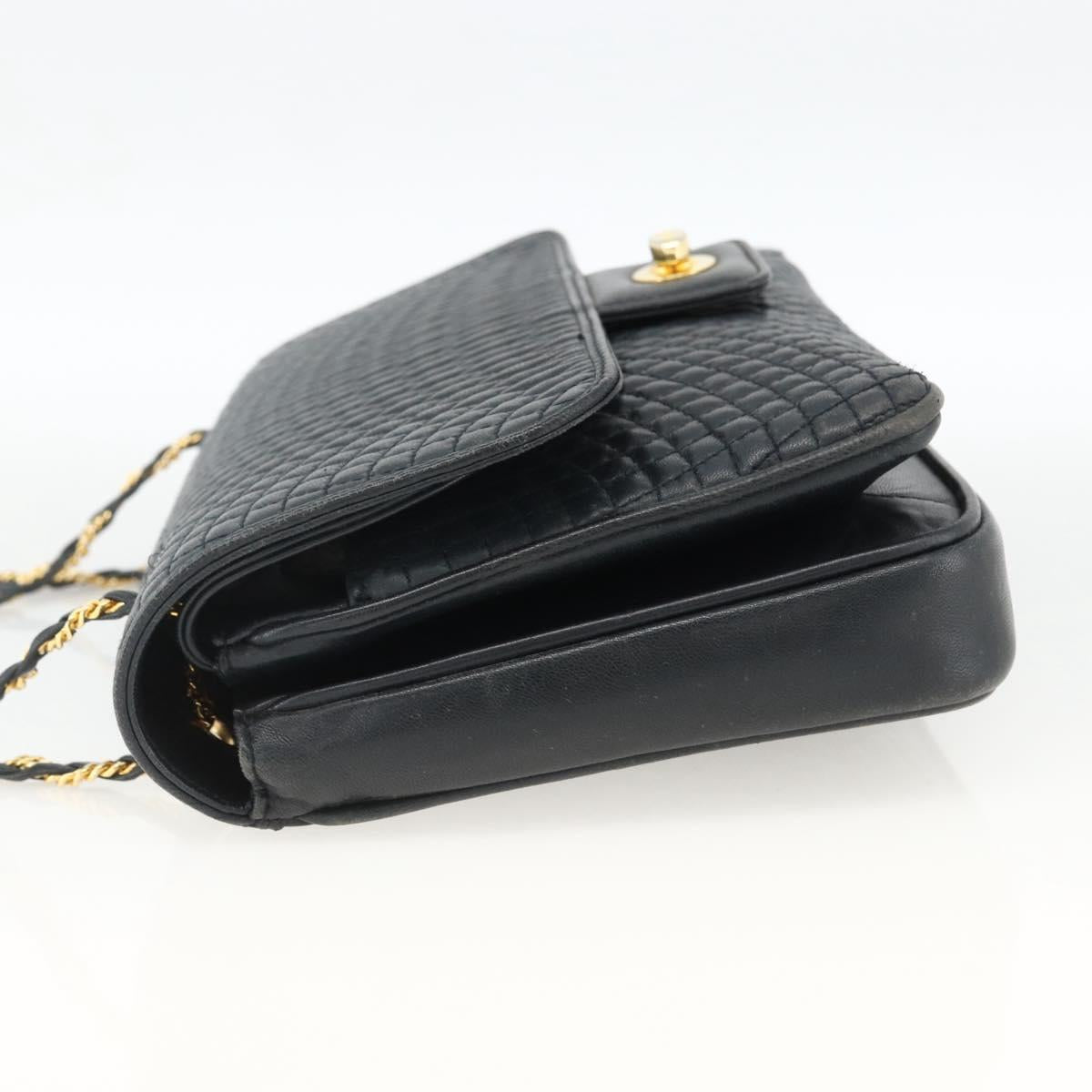 BALLY Quilted Chain Shoulder Bag Leather Navy Gold Auth 160414