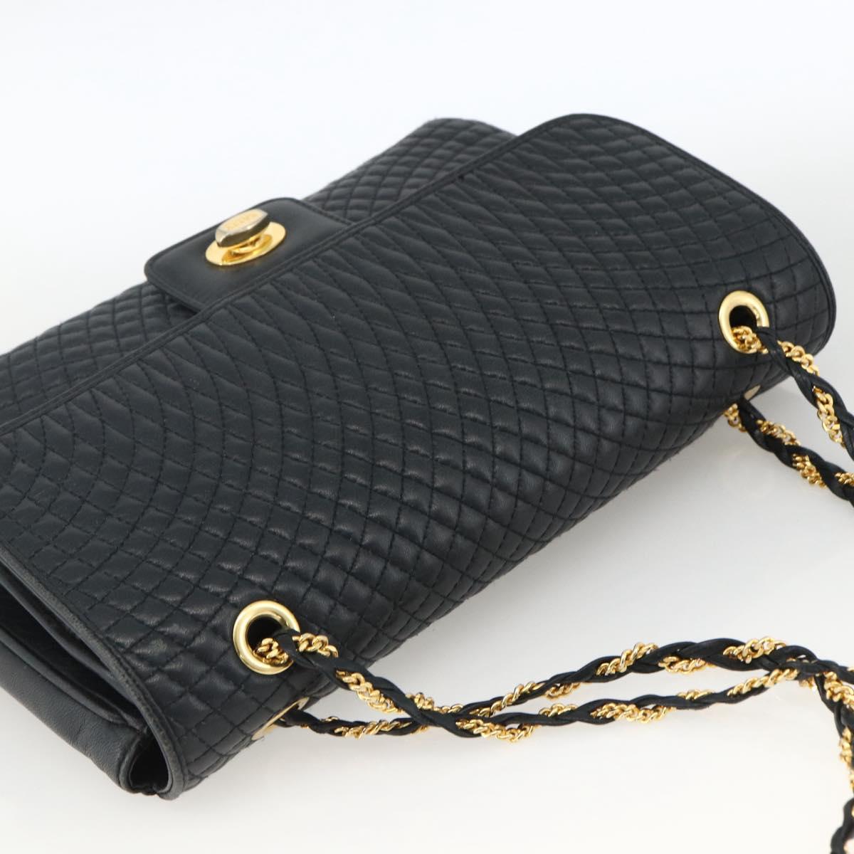 BALLY Quilted Chain Shoulder Bag Leather Navy Gold Auth 160414