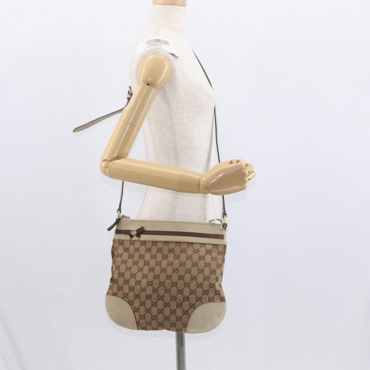 GUCCI GG Canvas Web Sherry Line Shoulder Bag Beige Gold 257065 Auth 160488