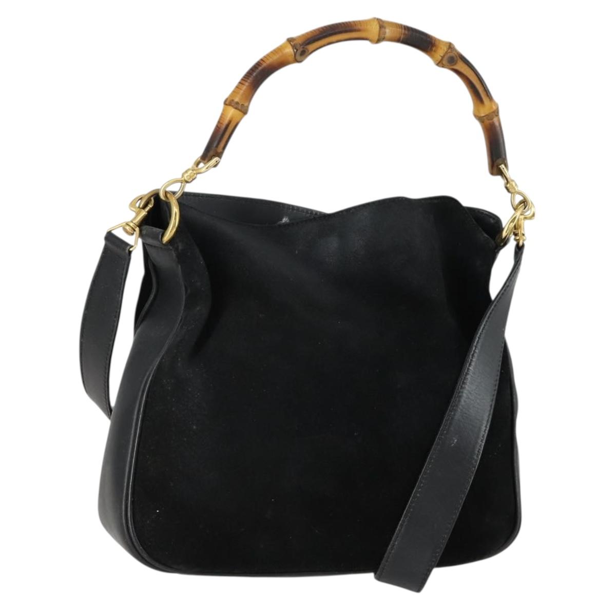 GUCCI Bamboo Hand Bag Suede Leather 2way Black Gold 0013754 Auth 160497