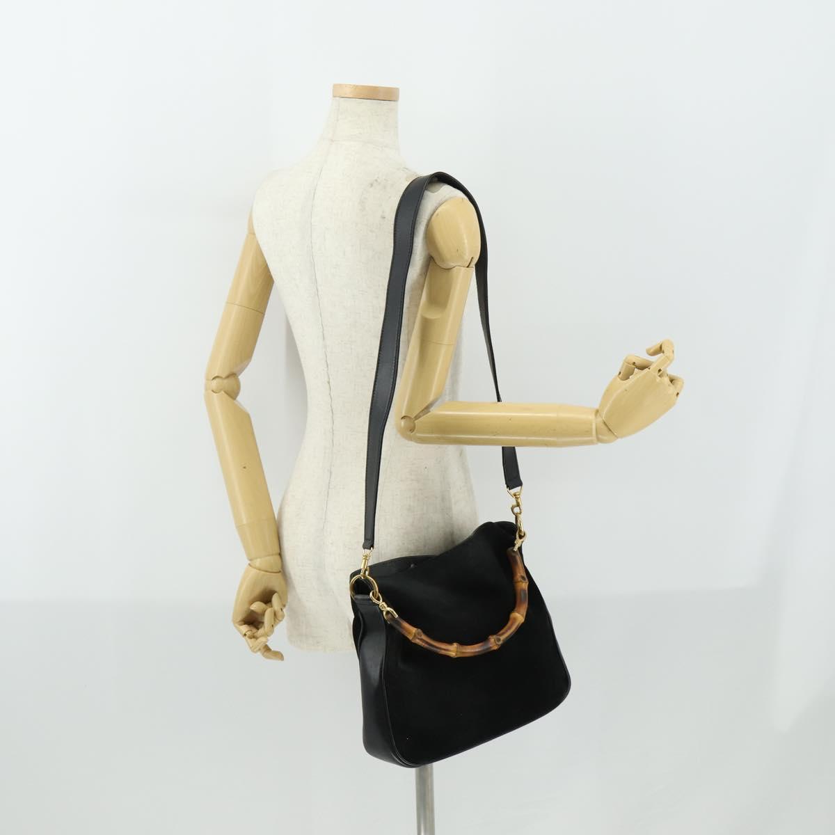 GUCCI Bamboo Hand Bag Suede Leather 2way Black Gold 0013754 Auth 160497