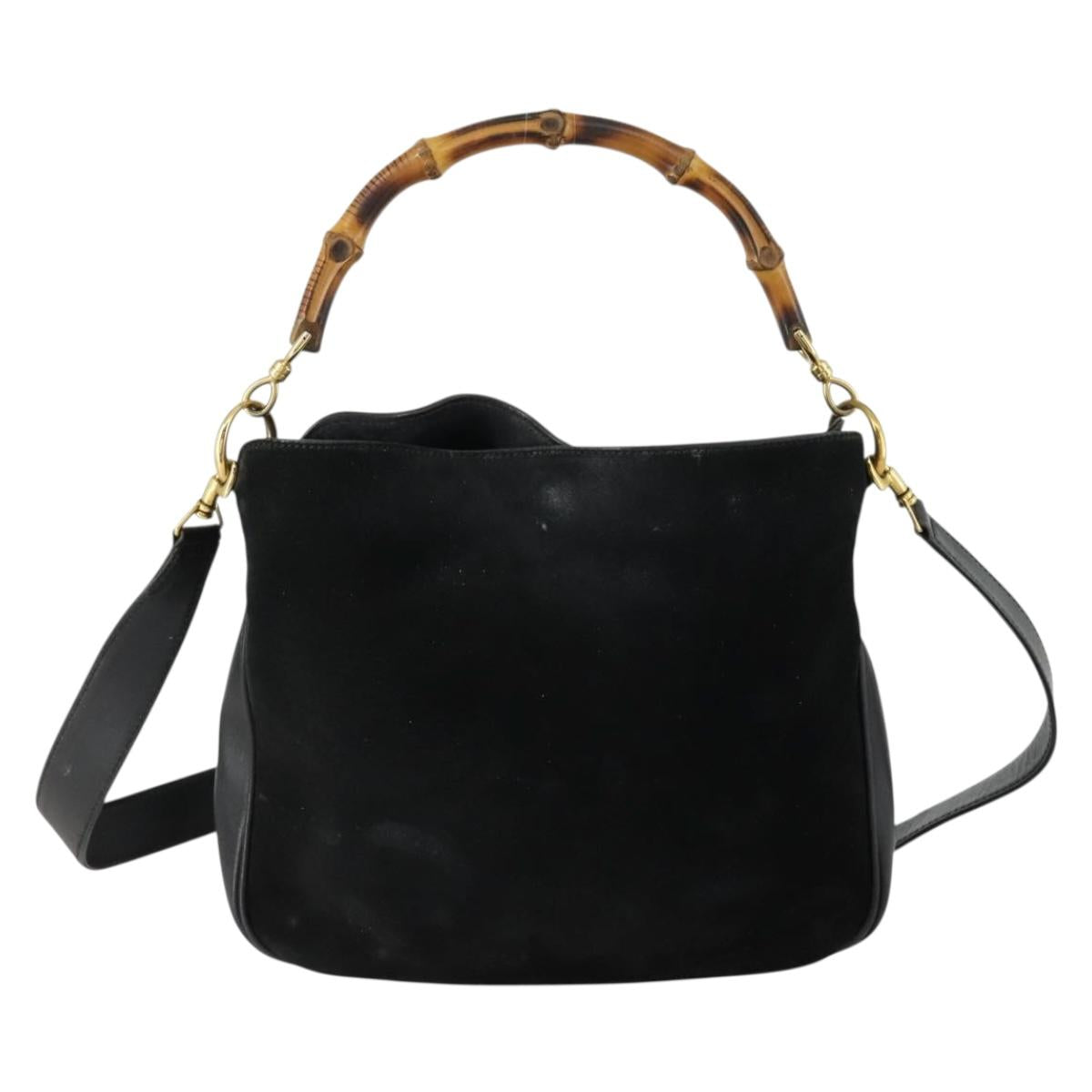 GUCCI Bamboo Hand Bag Suede Leather 2way Black Gold 0013754 Auth 160497