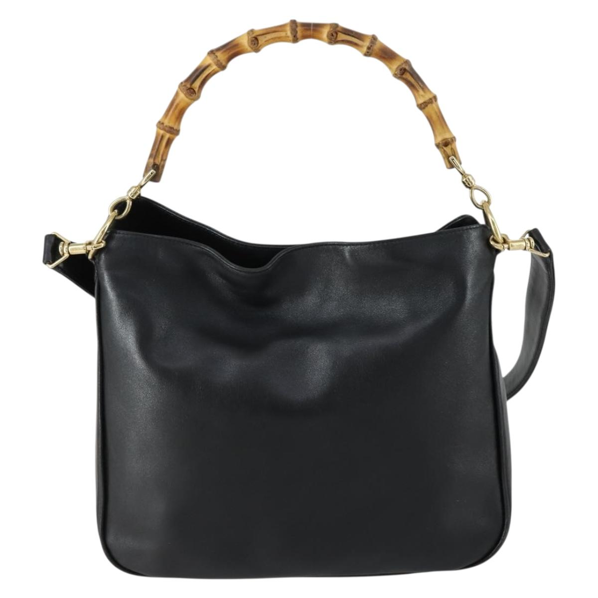 GUCCI Bamboo Hand Bag Leather 2way Black Gold 001 2123 1638 Auth 160499